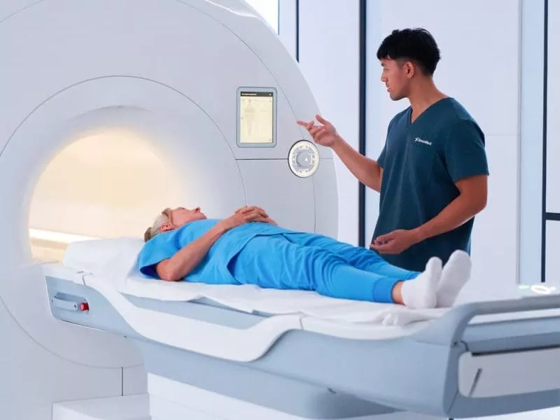 Clinician explains an MRI procedure to a patient lying on the scan table in front of the MRI machine.