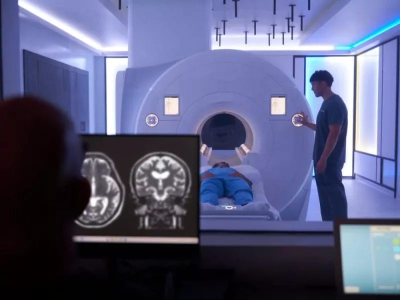View from an MRI control room showing a patient on the scanner bed, a clinician beside the machine, and brain scan images on a monitor in the foreground.
