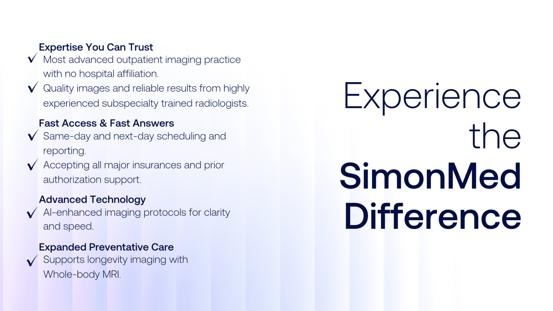 Overview of SimonMed services including advanced technology and fast scheduling