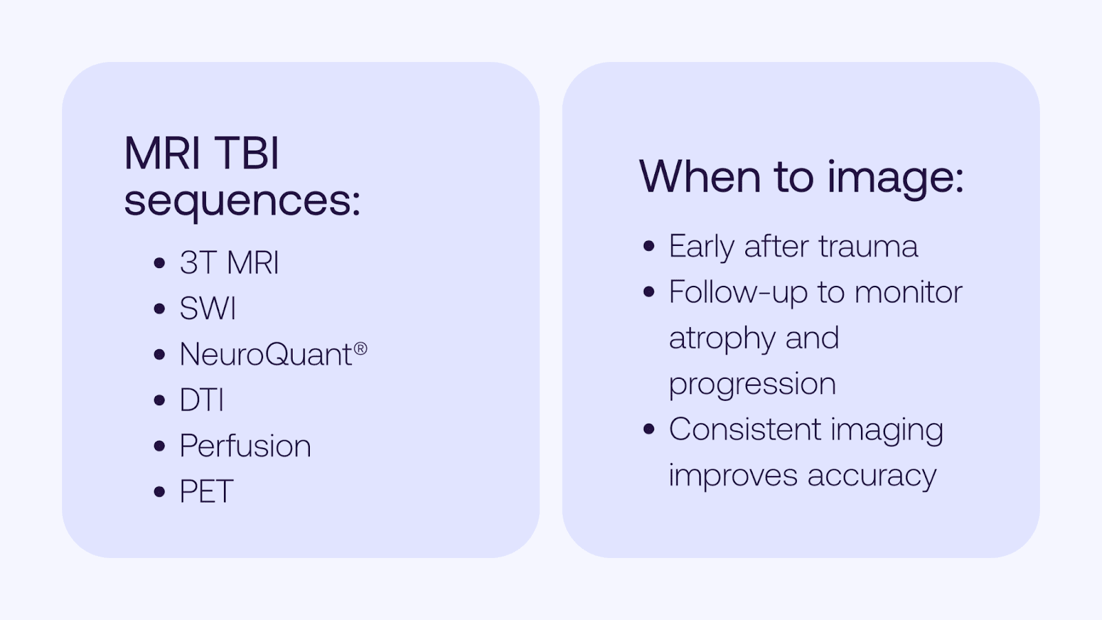 MRI TBI sequences including SWI, DTI, perfusion, and PET with guidance on when to image after trauma